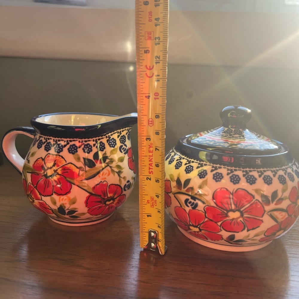 Authentic Handmade Polish Pottery UNIKAT Sugar Bowl with Lid & Matching Creamer - Picture 7 of 7
